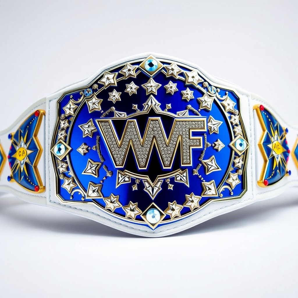 A dazzling wrestling belt, VWF Universal World Championship. Grand blue metal glimmers against a pristine white leather strap. Intricate plate shape, luxurious design. Multicolored gems sparkle—blue, red, white, yellow. An expansive field of white stars adorns the upper plate. Majestic side plates featuring navy blue metal, blue shining accents. Iconic championship history.