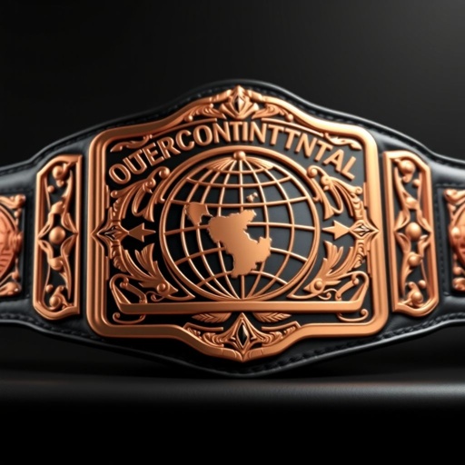 An imposing wrestling belt, the epitome of prestige. Outercontinental Champion title adorned on a rectangular rose gold plate. Luxe leather belt material contrasts against a sleek black strap. Realistic artistry highlights intricate globe champion design, showcasing an aura of power. Extra large size, minimalistic elegance, devoid of crests or gemstones.