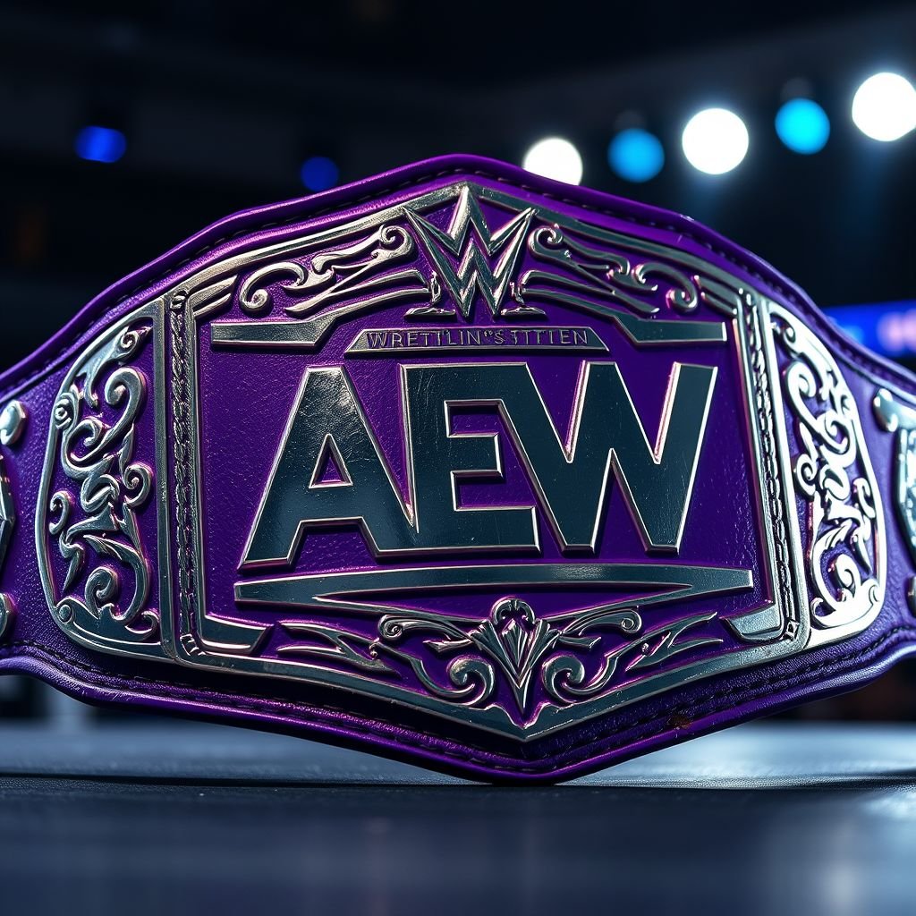 A wrestling belt glistens under bright arena lights, adorned with intricate engravings. The violet strap contrasts beautifully with polished silver plates, showcasing bold designs and the "AEW" logo prominently displayed. Worn edges hint at fierce battles. Elegance meets strength, embodying the spirit of champions, a unique tribute to women's wrestling prowess.