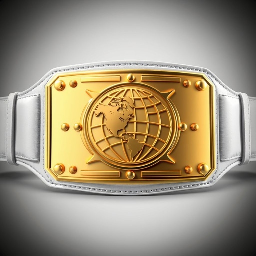 A striking wrestling belt embodies the essence of a champion. Sleek white leather straps contrast with a radiant gold rectangular plate. Modern plate design features a captivating globe champion motif, polished to perfection. Extra-large size emphasizes dominance. Smooth textures, intricate detailing, and a realistic art style create an awe-inspiring visual.