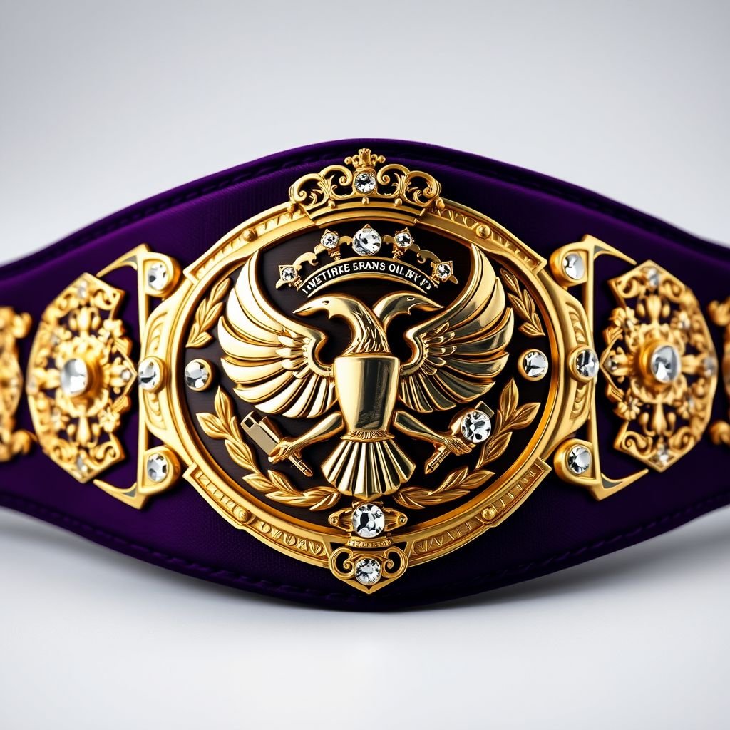 A grand wrestling belt adorned with a rich, dark purple strap. Four intricately designed side plates, accentuated by a lavish gold hue. The main plate, a stunning gold metal, features majestic eagle and laurel motifs. Diamond gemstones sparkle amidst crown crests, showcasing vintage elegance and a symbol of ultimate champion glory.
