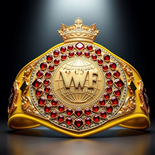 A grand wrestling belt, VWF Universal Ultimate Golden Sovereign Championship. Intricate design with a stunning array of red diamonds embellishing the main plate. Luxurious gold plate color, an ornate shape with a globe champion motif. A rich yellow strap, adorned with crown crests and symbols, evokes opulence and prestige, showcasing brilliance.