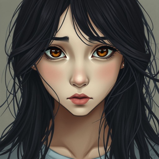 A teenage girl with flowing black hair cascading over her shoulders. Soft waves frame her delicate face, emphasizing deep brown eyes full of unspoken melancholy. Her thin lips curve downward, portraying a sadness that resonates within her. A backdrop of muted colors enhances the emotional weight, evoking a sense of solitude.