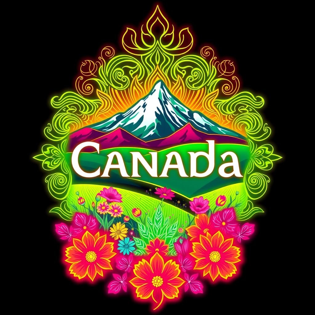 Logo design inspired by Canada’s sprawling fields, incorporating vibrant neon colors that burst with energy. Intricate patterns depict rolling landscapes and wildflowers in a detailed complexity. A sleek modern font stylishly contrasts the vivid background, enhancing readability. The overall composition radiates a fresh, dynamic essence, embodying the essence of Canadian beauty.