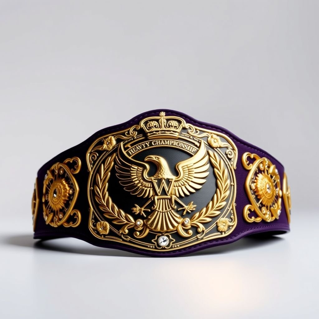 A UWF World Heavyweight Championship wrestling belt sits elegantly, its dark purple strap contrasting beautifully with the ornate main plate. Gleaming in darker gold, the plate showcases intricate eagle and laurel motifs. Diamond gemstones sparkle, enhancing the vintage allure. Crown crests and symbols embellish the belt, embodying power and prestige.