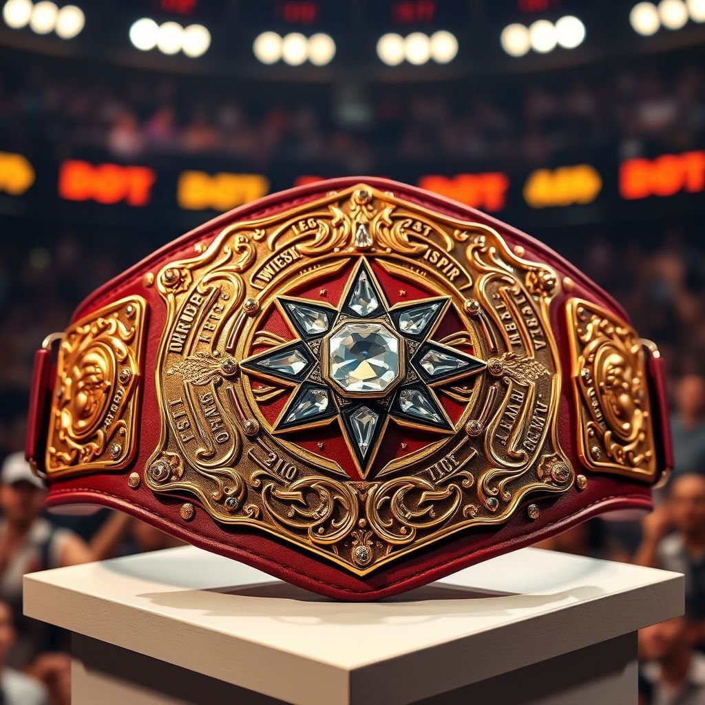 A gleaming wrestling championship belt, adorned with intricate gold plates reflecting bright lights. Each plate engraved with fierce designs and symbols representing past champions. The leather strap, deep crimson, contrasts with sparkling gems embedded in the central plate. Elegantly displayed on a pedestal, surrounded by a vibrant, cheering crowd atmosphere.