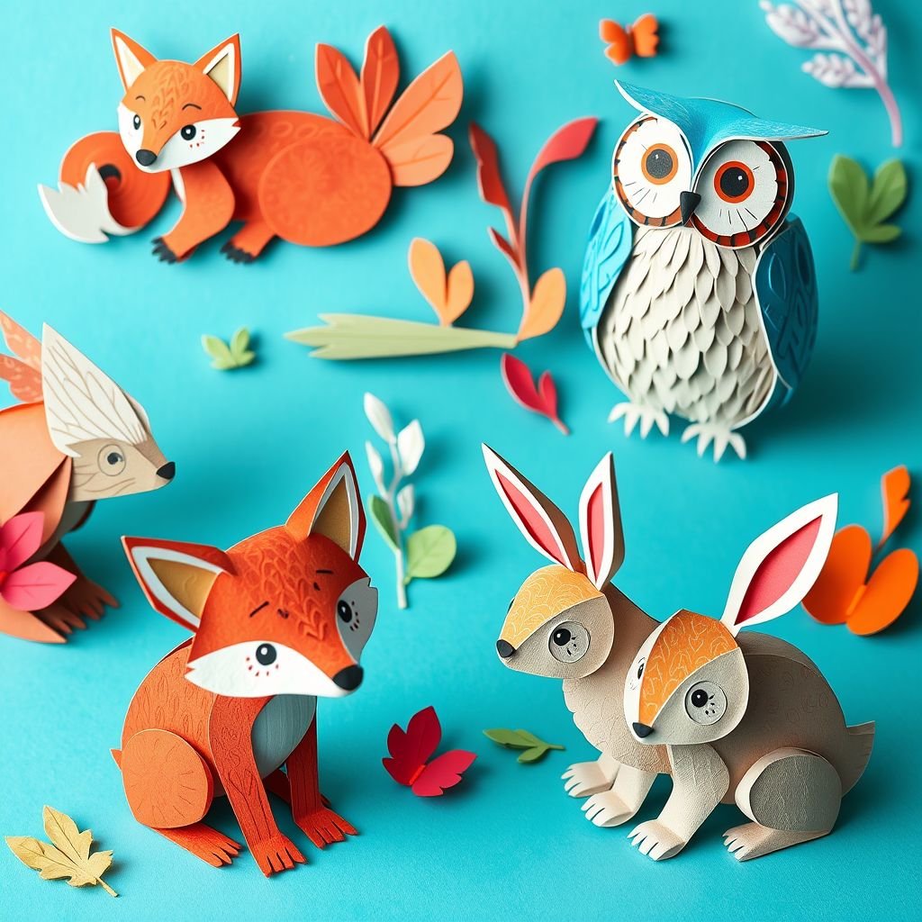 A collection of intricate papercraft models, showcasing a variety of small animals. Made from vibrant cardstock, rich colors and delicate textures. Simple yet charming designs feature a playful fox, a graceful owl, and a curious rabbit. Each model exhibits layered details, highlighting a whimsical charm, inviting exploration and artistic admiration.