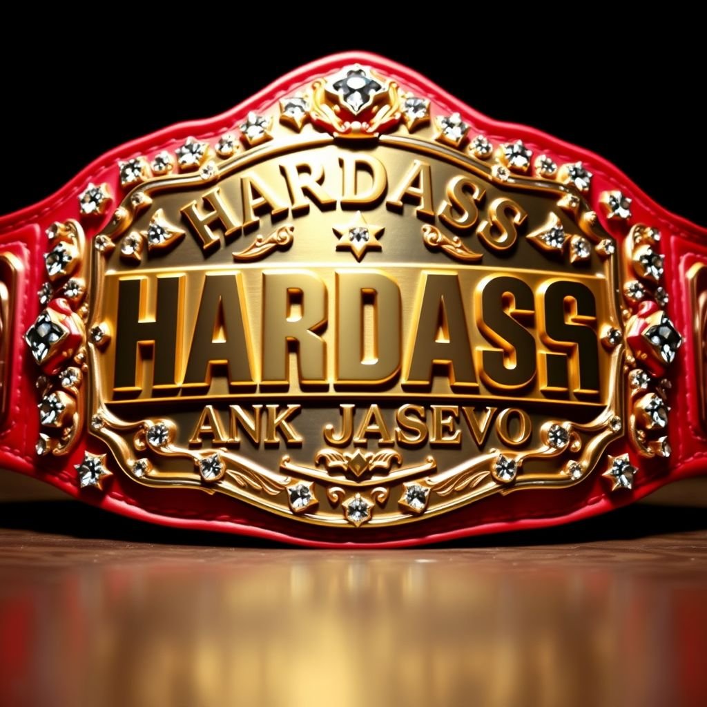 A grand wrestling belt, Hardass Hank Jasenko engraved in bold letters across an ornate plate. The vibrant red leather strap, polished and gleaming. Surrounding the plate, sparkling diamond gemstones, glistening like stars. Larger than life, the belt radiates power and prestige, embodying strength and determination, a true champion's adornment.