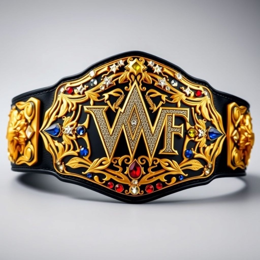 A grand wrestling belt, VWF Universal World Championship, gleaming gold finish. Baroque design with intricate patterns, inspired by iconic titles. Abundant multicolored gems—blue, red, white, yellow—sparkle vividly. Luxurious black leather strap, adorned with side plates. Upper section adorned with a field of white stars. Prominent symbols of legendary wrestlers, timeless elegance.