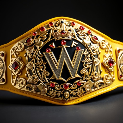 A grand wrestling belt, VWF Universal Ultimate Golden Sovereign Championship. Intricate designs of ornate gold plating, adorned with vibrant red diamonds. Black and red engravings embellish the majestic main plate. A luxurious yellow leather strap complements the opulence, featuring crown crests, globe symbols, and a magnificent, oversized silhouette radiating prestige.