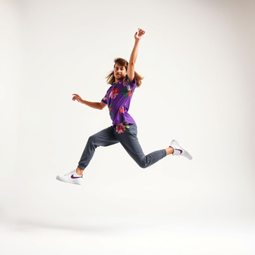 Apparel, Full-body editorial fashion photograph of a female and male model mid-jump, wearing a relaxed-fit purple cotton t-shirt with a vibrant floral pattern, paired with Nike Air Force 1 sneakers. Shot in a professional studio with a soft white background, beauty lighting emphasizing highlights. Ultra-realistic details, crisp textures on fabric and shoes. Styled like a high-fashion campaign. Photographed with a Canon EOS R5 and 50mm lens, delivering depth, clarity, photorealism. --ar 4:5 --v 7 --q 2