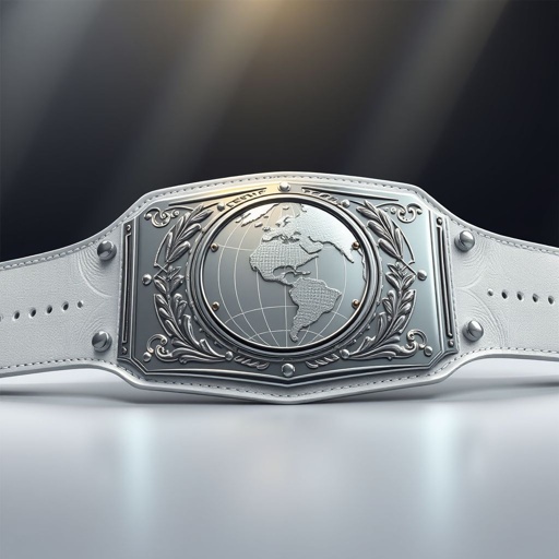 An outercontinental wrestling belt, featuring a modern rectangular silver plate, gleaming under soft lights. Leather strap in pristine white, thick and sturdy, highlighting expert craftsmanship. The central design showcases a globe, representing global competition. Size enlarged for prominence, creating a bold statement of achievement and prestige in realistic, meticulous art style.