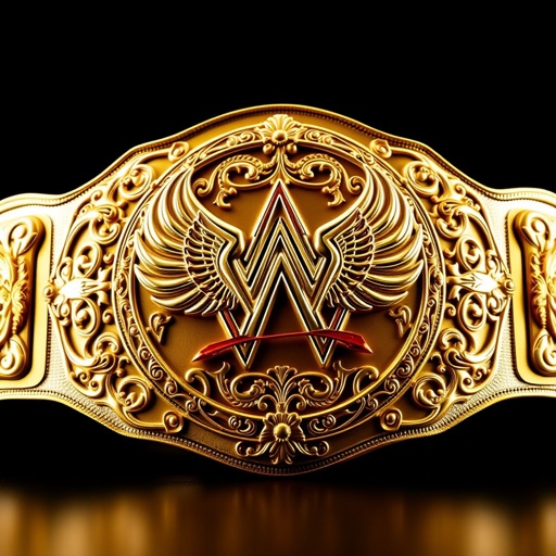 A gold 1980s WWE-styled World Heavyweight Champion Title Belt. A central winged penis emblem, intricately detailed filigree framing the centerpiece. The plate showcases elaborate, ornate shapes, glimmering under lights. Rich gold color exudes opulence. Realistic art style emphasizes textures. Grand size commands attention, symbolizing power and prestige in the wrestling world.