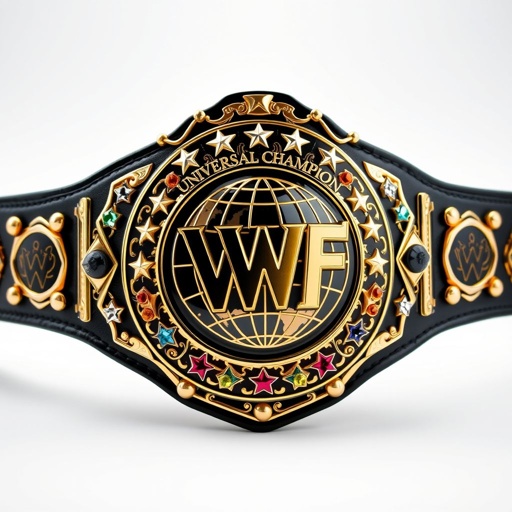 A grand wrestling belt, the VWF Universal World Championship, adorned with gold plating. A fusion of legendary designs, shimmering black leather strap, intricate plate shape featuring a globe champion design. Multicolored gemstones, vibrant stars, a field of white stars on the upper section, and iconic wrestler symbols, exuding luxury and prestige.