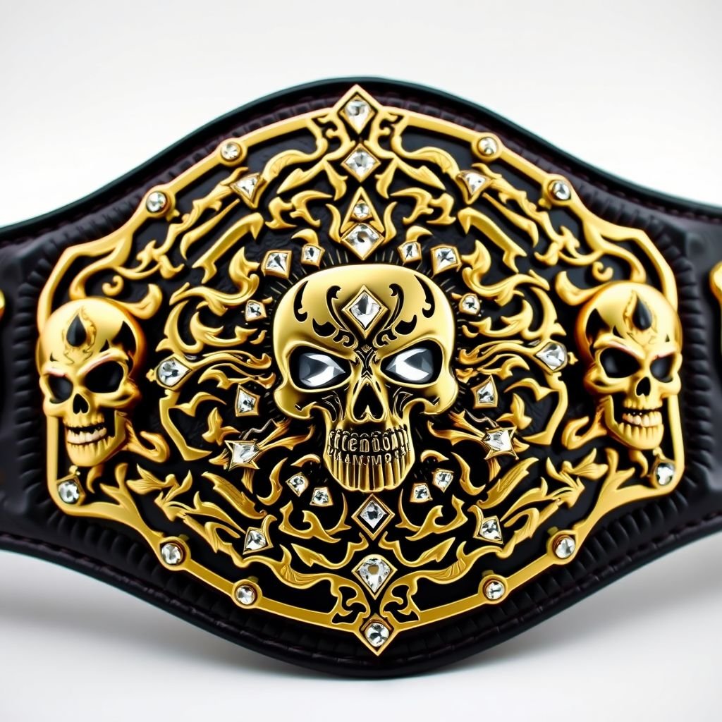 A luxurious wrestling belt, crafted from rich black leather. The centerpiece showcases a serrated gold plate, adorned with intricate graffiti art featuring bold skulls. Diamond gemstones glimmer amidst the designs, accentuating the championship aura. Flanking the plate, bold skull crests and symbols radiate power and dominance, epitomizing victory and prestige.