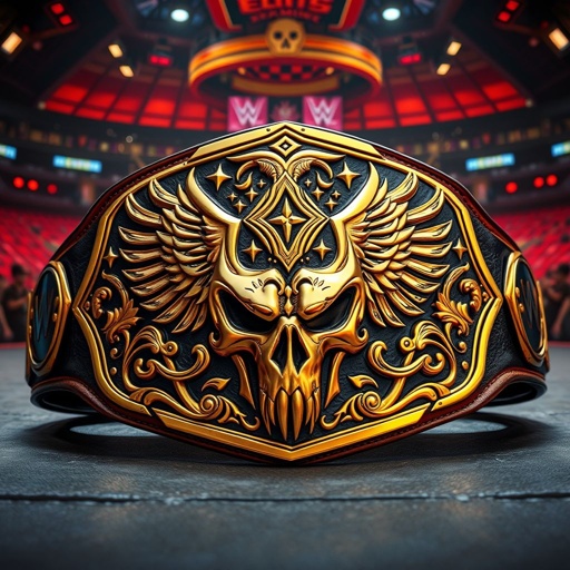 A grand wrestling belt rests proudly in the center of an elite gaming arena. Edgy, intricate plate design gleams with gold hues against rich leather. A black strap ties the bold design together. Graffiti art styles swirl around a formidable skull, embellished with striking phoenix crests and symbolic motifs.