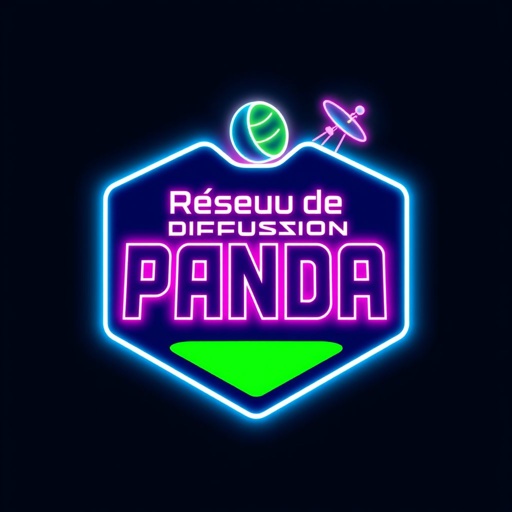 A sleek logo design, featuring the words "Réseau de Diffusion PANDA" prominently displayed. Bold, modern typography nestled within a custom emblem shape. Vibrant neon colors like electric blue and neon green create a striking contrast. Satellite iconography subtly integrated, symbolizing connectivity and communication, enhancing the futuristic visual style of the logo.
