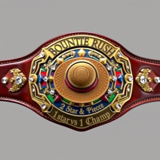 A majestic wrestling belt, gleaming leather strap in rich brown, encircling a bold shield plate. The centerpiece, a Straw Hat from "One Piece," surrounded by vibrant colors. Above the hat, "One Piece Bounty Rush" elegantly engraved. Below, "2 Star 1 vs 1 Champ," adorned with sparkling rhinestone gemstones, star crests, and intricate symbols.