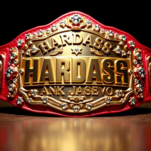 A grand wrestling belt, Hardass Hank Jasenko engraved in bold letters across an ornate plate. The vibrant red leather strap, polished and gleaming. Surrounding the plate, sparkling diamond gemstones, glistening like stars. Larger than life, the belt radiates power and prestige, embodying strength and determination, a true champion's adornment.