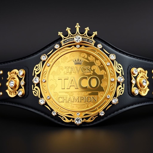 A wrestling belt featuring a taco centerpiece, crafted from luxurious leather. The black strap contrasts vividly with a circular, gold-engraved plate. Abstract art elements dance across the surface, highlighting a champion design. Sparkling cubic zirconia gemstones adorn the belt, while crown crests and majestic symbols embellish the stunning accessory.