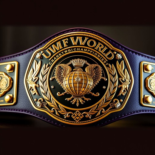 A UWF World Heavyweight Championship wrestling belt, dark purple leather strap, prominently displayed. Intricately engraved darker gold main plate gleaming under soft light, adorned with four small gold side plates. Vintage plate design features a globe champion motif, embellished with diamond gemstones. Majestic eagle crests and symbols accentuate the grand size and elegance.
