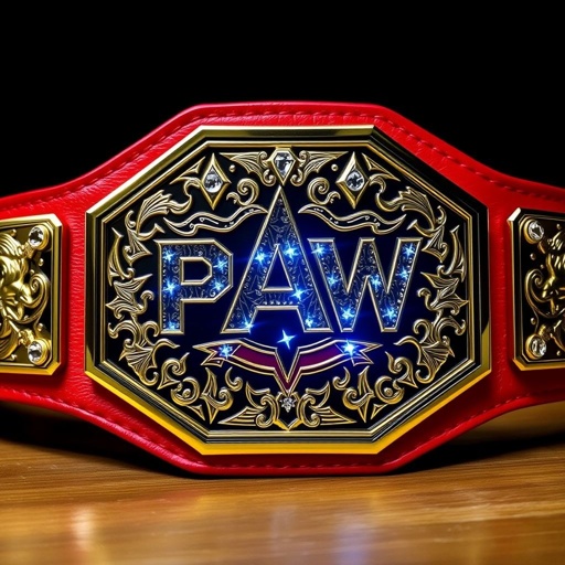 A wrestling belt for Pro Acolyte Wrestling (PAW). Striking red leather strap, bold and durable. Modern octagon plate shape, gleaming gold finish. Animal-themed engravings depicting fierce creatures, intricate details. Adorned with sparkling diamond gemstones, catching light, radiating excellence. Symbol of power, prestige, showcasing dominance in the wrestling realm.