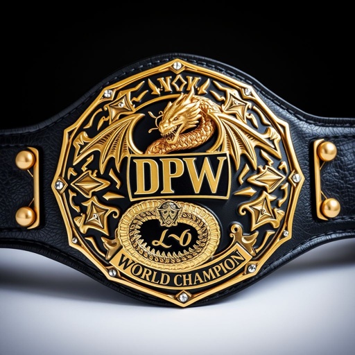 Wrestling belt, a majestic dragon coiling around the center plate. DPW World Champion insignia, leather texture glistening under light. Edgy, intricate plate design, sharp angles and fierce details. Black strap, sturdy yet sleek. Gold plate adorned with gothic motifs, shimmering rhinestones embedded. Adult size, formidable shield crests, and symbolic embellishments.