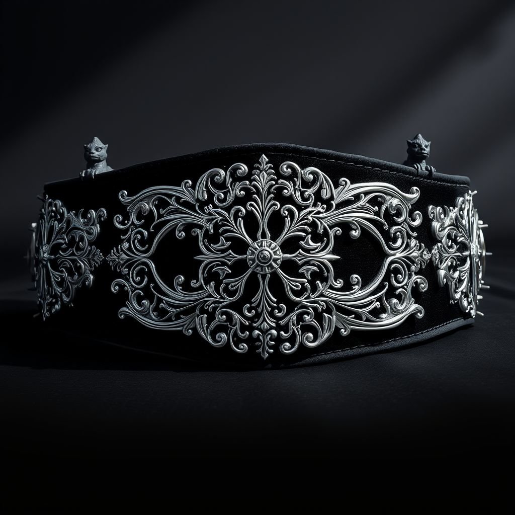 A wrestling belt, adorned with intricate silver filigree, dark velvet padding, and sharp spikes. Gothic motifs weave through elegant patterns, reminiscent of medieval cathedrals. Shadows dance across a rich black background, accentuating the belt's regal presence. Stone gargoyles peer from the edges, enhancing the aura of strength and power.