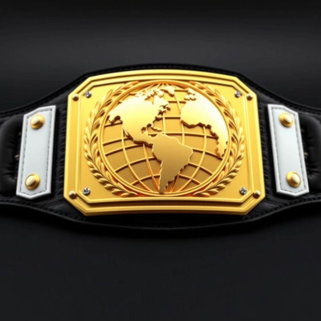 A gleaming outercontinental wrestling belt, crafted from rich black leather, boasting a pristine white strap. The rectangular plate shines with a lustrous gold finish, showcasing an intricately detailed globe champion design. The absence of gemstones highlights its modern elegance, while the oversized proportions emphasize the prestige of championship glory.