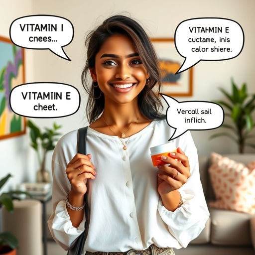 A vibrant young Indian woman exuding confidence, showcasing vitamin E cream in a cozy home setting. Casual attire complements her beauty expertise—soft cotton blouse, trendy accessories. Natural light highlights her flawless skin, playful smile inviting engagement. Lively artwork decorates the walls. Quirky caption bubbles add humor, enhancing product appeal and relatability.