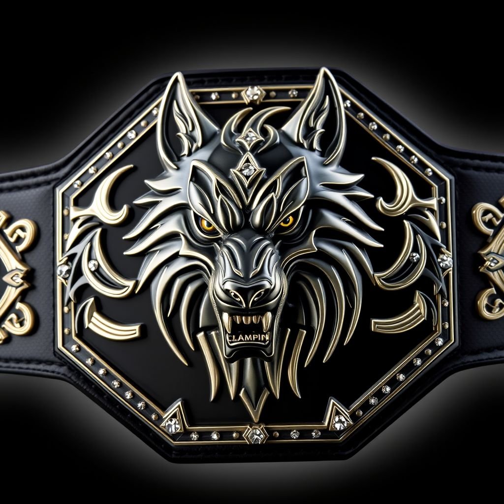 A striking wrestling belt featuring a formidable tribal wolf design, embodying strength and intensity. A black strap accentuates an octagon-shaped plate, exuding sophistication. The black plate contrasts elegantly with gothic art motifs, embellished by a globe champion design. Cubic zirconia gemstones shimmer, capturing an adult-sized aura of prestige and power.