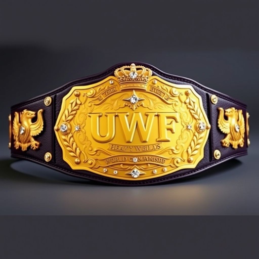 A majestic wrestling belt, UWF World Heavyweight Championship. Dark purple leather strap, adorned with intricate side plates, gleaming gold. Each side showcases an eagle and laurel motif. A large, regal main plate, strikingly gold, radiates prestige. Glittering diamond gemstones embedded. Crown crests and symbols evoke a sense of historical grandeur.
