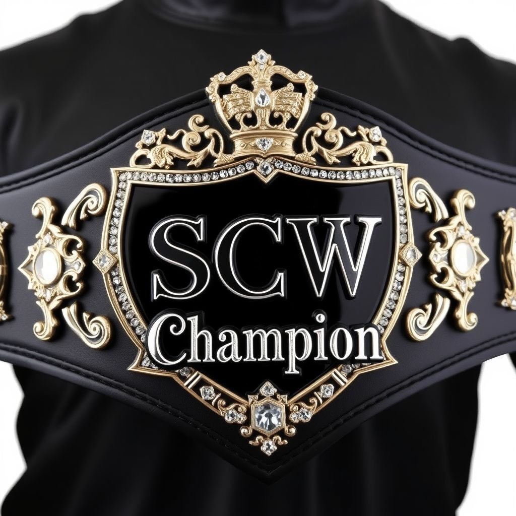 A majestic wrestling belt, SCW Champion, crafted from premium leather. A sleek black strap adorned with a striking shield-shaped plate. The plate gleams in deep black, showcasing elegant text reading “Champion.” Dazzling crystal gemstones embellish the design. Grand size, crowned by intricate crests and symbols, reflecting glory and achievement.