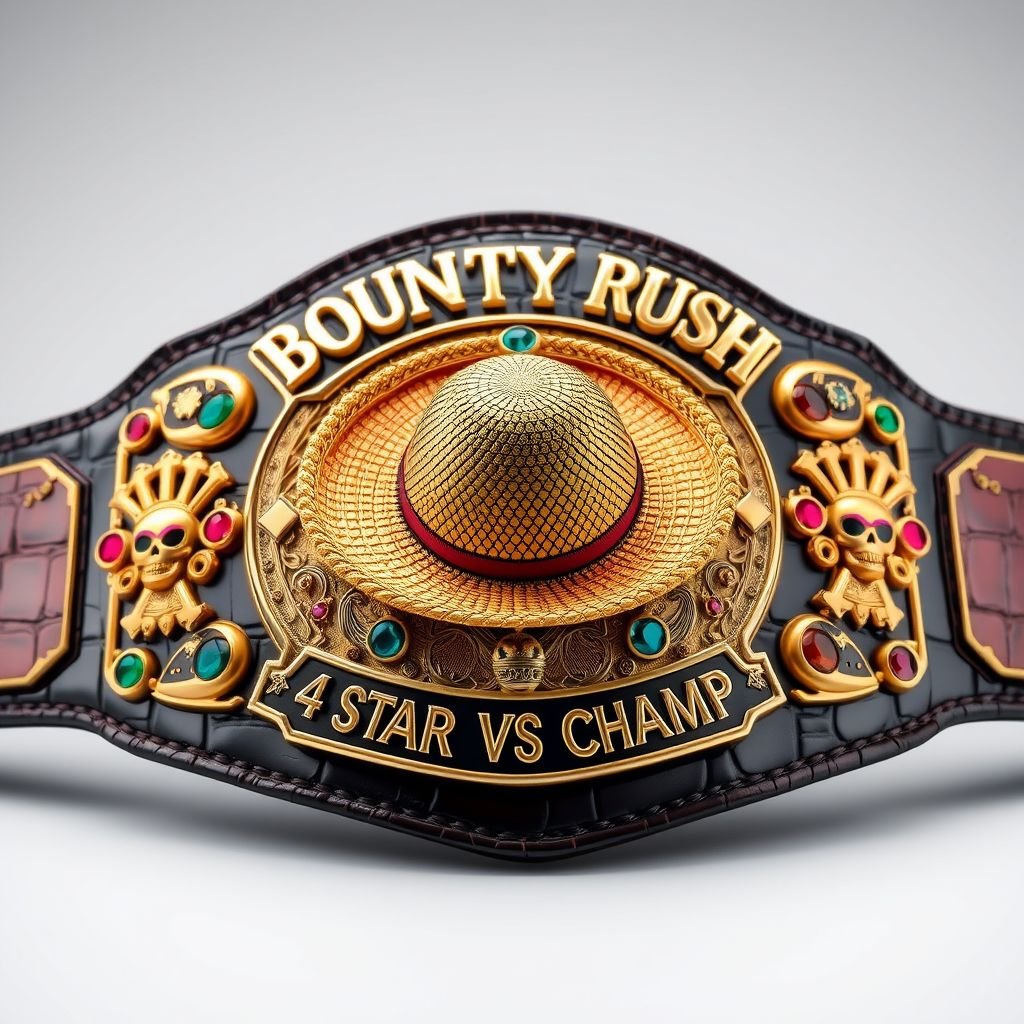 An extravagant wrestling belt, alligator skin texture glinting in the light. At its center, a straw hat reminiscent of “One Piece,” vibrant and detailed. Above, the bold words “One Piece Bounty Rush” in gold. Below, “4 Star VS Champ iFeedYouLead.” Luxurious plates adorned with multicolored gemstones, skull crests, and symbols.