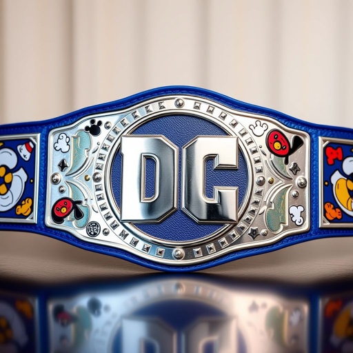 A vibrant wrestling belt adorned with the iconic DC logo, center stage. Bold, cartoonish design elements embellish the metallic surface, capturing attention. A rich blue strap, soft yet sturdy, contrasts sharply against the gleaming silver buckle. Playful graphics and whimsical patterns enhance the overall aesthetic, exuding a sense of fun and adventure.