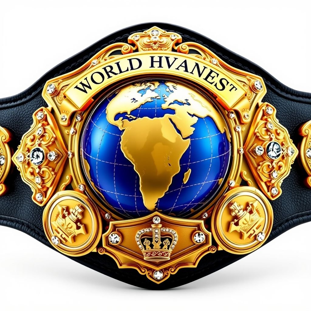 A magnificent wrestling belt featuring a stunning blue and gold globe at its center, adorned with a "World Heavyweight Champion" banner. Five intricately sculpted plates glimmer in dual-toned gold and silver, while a luxurious black leather strap offers support. Diamond gemstones sparkle on the plates, showcasing crown crests and symbols in an opulent design.