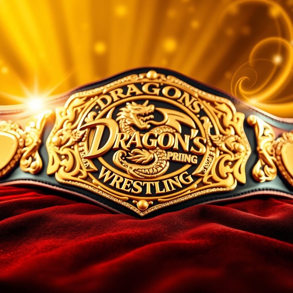 A dazzling championship belt rests atop a richly textured velvet surface. The Dragon's Pro Wrestling logo, intricately embossed, gleams against a backdrop of shimmering gold. Surrounding the belt, swirling patterns of light capture the essence of triumph. The vibrant gold color scheme radiates prestige, evoking a sense of honor and excitement.
