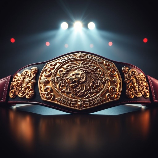 A gleaming wrestling belt, gold and silver plates reflecting vibrant arena lights. Embossed with intricate designs, the centerpiece showcasing a roaring lion, symbolizing strength. Maroon leather straps, meticulously stitched, crisscrossing with precision. Surrounding the belt, a dramatic spotlight, shadows dancing on a polished canvas, anticipation filling the air, champion's legacy evident.