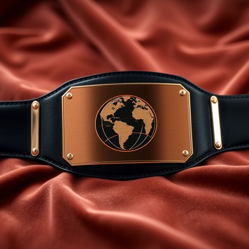A luxurious outercontinental champion wrestling belt rests on a velvet surface. Rich black leather strap displays a sleek, rectangular rose gold plate. Intricate globe champion design etched with precision, radiating sophistication. Polished edges reflect light, showcasing high-quality craftsmanship. Bold, extra-large size emphasizes prestige without gemstones, crests, or symbols. Modern elegance defined.