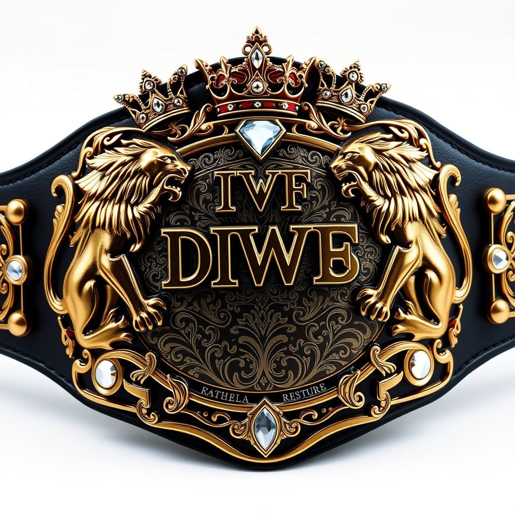 A lavish wrestling belt, VWF Duos Championship, adorned with intricate motifs of regal dual lions. Bronze and gold accents shimmer, white highlights glowing. Crowns elegantly perched atop the large, engraved bronze center plate filled with ornate engravings. Crafted from leather, the black strap contrasts vividly with the oval-shaped, gemstone-studded plate.
