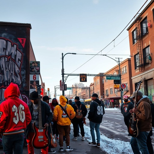 Chiraq street corners bustling with gang members, vibrant urban fashion reflecting cultural pride, silhouettes against a snowy backdrop. Daytime light casts shadows on iconic murals. Bass guitars lean against graffiti-covered walls, their presence palpable in the air. Street cars pass by, adding a sense of urgency to this gritty, lively scene.