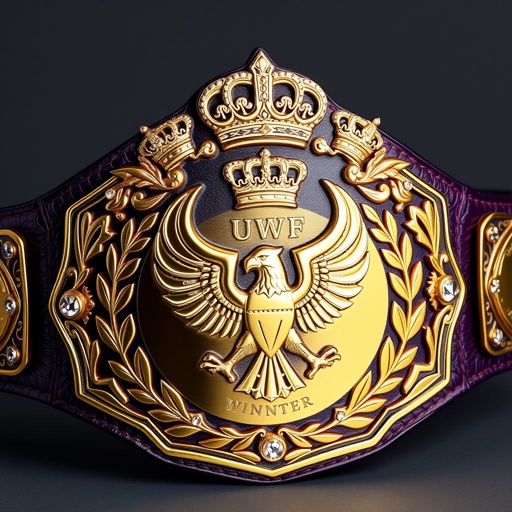 Wrestling belt, UWF World Heavyweight Championship. Dark purple leather strap, luxurious texture. Intricately shaped plates featuring dark gold color. Large main plate, seamless gold metal, gleaming. Eagle and laurel motifs, symbolizing victory. Decorative crown crests, sparkling diamond gemstones, elegant accents. Vintage allure, grand presence, embodying strength and achievement, timeless design.