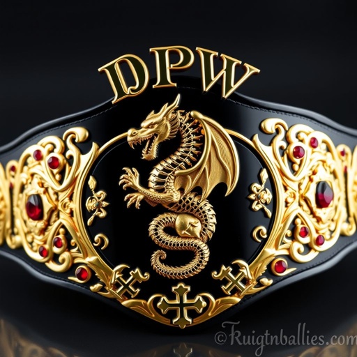 A magnificent wrestling belt, gleaming in gold and black, featuring a majestic dragon entwined around the central plate. The DPW text arches above in intricate Gothic font, while a black plate serves as a stunning backdrop. Ruby gemstones glisten amidst engraved cross crests and symbols, embodying strength and glory in an adult size.