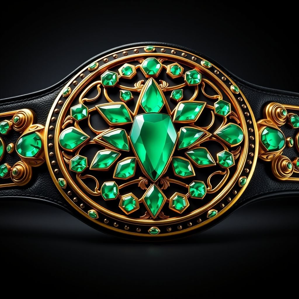 A prominent wrestling belt showcases a classic plate design with a circular shape. The belt's luxurious black strap contrasts dramatically against the gleaming gold plate. Adorned with stunning emerald gemstones, the large, ornate plate radiates elegance and strength, embodying the pinnacle of victory in realistic art style, capturing intricate details and rich textures.