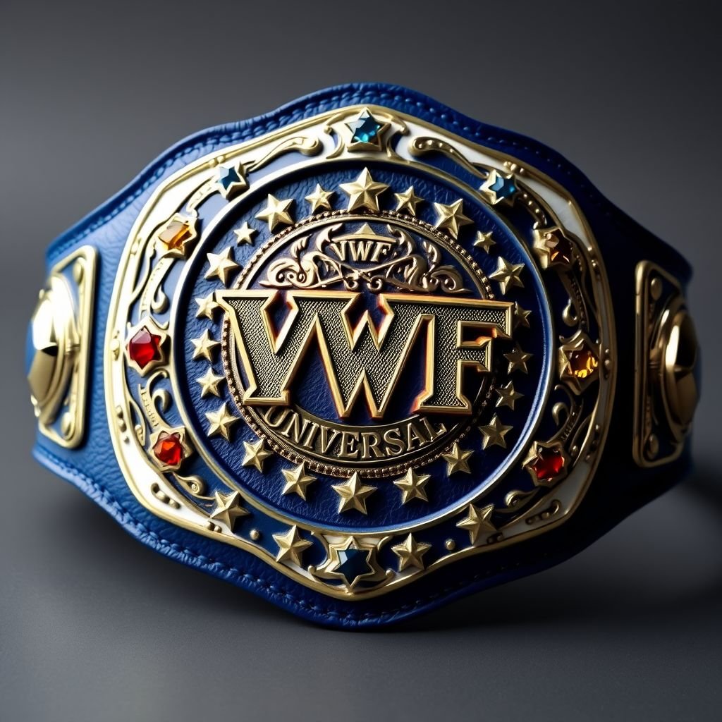 A majestic wrestling belt glistening in rich blue and white leather. VWF Universal World Championship imprinted with intricate designs. Classic symbols of legendary wrestlers adorn the front. Multicolored gems—red, yellow, blue—sparkle alongside a field of white stars. Three side plates gleam with navy metal, showcasing a luxurious, grand size masterpiece.