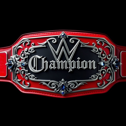 A striking WWE Light Heavyweight wrestling belt, crafted from rich black leather. The bold red strap contrasts elegantly with a sharp, rectangular silver plate. Gothic art flourishes adorn the surface, framing the word "Champion" in ornate lettering. Dazzling sapphire gemstones embellish the corners, shimmering against intricate designs, exuding power and prestige.