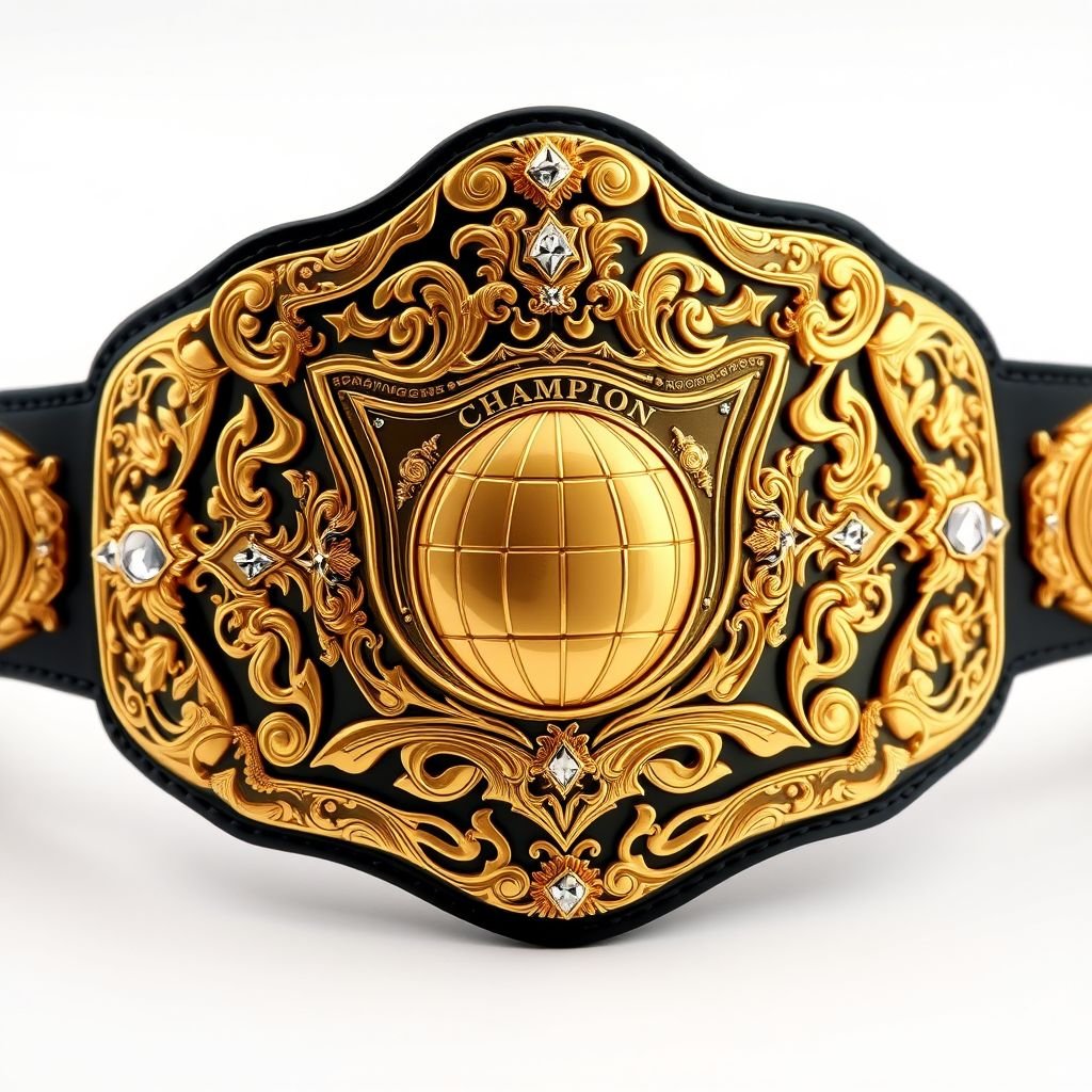 A majestic wrestling belt, featuring intricate gold plates with elegant engravings. A sleek black strap complements the regal design. Shield-shaped plates adorned with a globe champion motif and adorned with sparkling diamond gemstones. Star crests and symbols embellish, conveying a sense of prestige. An exquisite embodiment of modern Art Nouveau elegance.