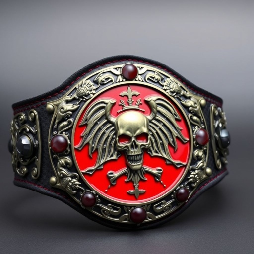 A wrestling belt crafted from luxurious cloth material, featuring an edgy plate design. A striking circular shape with a bold red plate, adorned with intricate gothic art. Dark black strap color contrasts sharply with polished agate gemstones. Skull motifs and crests intricately etched, embodying fierce champion spirit, medium size for impressive display.