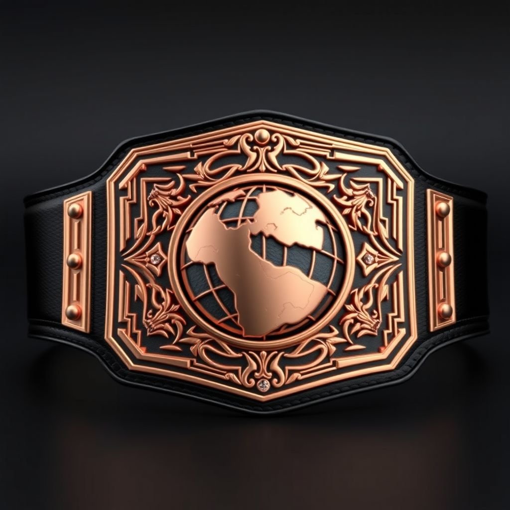 A stunning wrestling belt, symbol of victory, crafted from sleek leather. A bold black strap curves elegantly, supporting a rectangular plate. The modern design features a radiant rose gold finish, showcasing a detailed globe champion motif. The absence of gemstones highlights the belt's raw elegance. A striking, extra-large masterpiece of triumph.