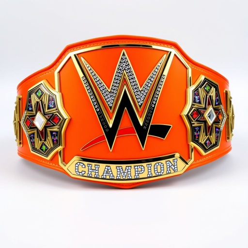 A wrestling championship belt featuring the original WWE logo prominently displayed. An eye-catching orange background enhances the vibrant gold of the vinyl material. The modern pentagon-shaped plates sparkle with multicolor designs, adorned with shimmering rhinestone gemstones. Bold "Champion" text stands out vividly. An impressive adult-size accessory, exuding strength and prestige.